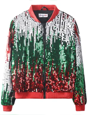 WELAKEN Girls' Ombre Sequin Bomber Jacket with Pockets Lightweight Sparkle Long Sleeve Zipper Gradient Jackets for Kid