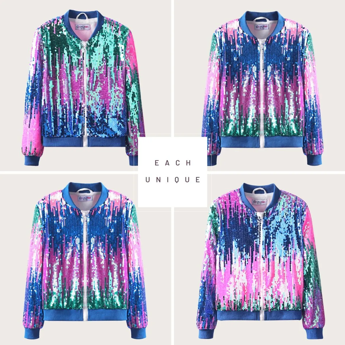 WELAKEN Girls' Ombre Sequin Bomber Jacket with Pockets Lightweight Sparkle Long Sleeve Zipper Gradient Jackets for Kid