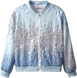 WELAKEN Girls' Ombre Sequin Bomber Jacket with Pockets Lightweight Sparkle Long Sleeve Zipper Gradient Jackets for Kid