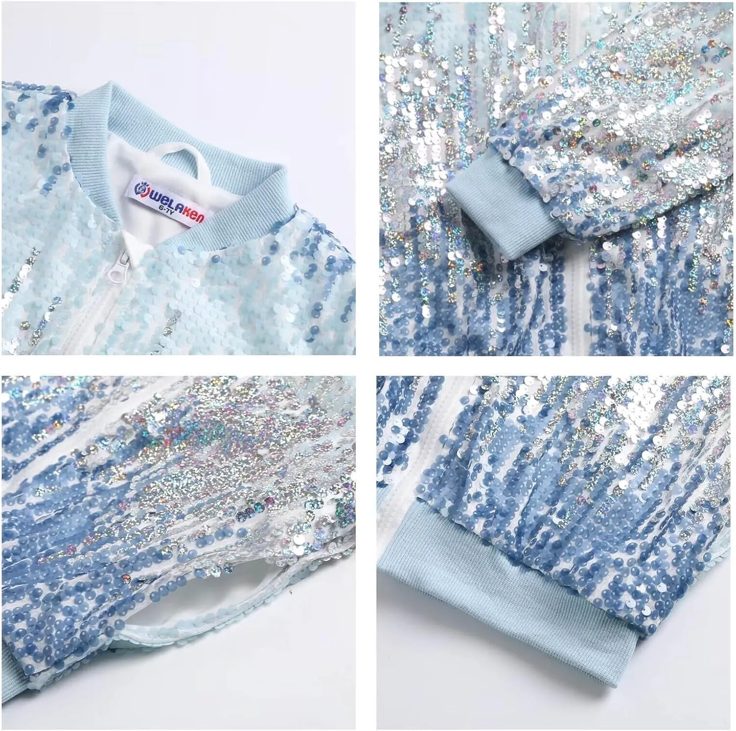 WELAKEN Girls' Ombre Sequin Bomber Jacket with Pockets Lightweight Sparkle Long Sleeve Zipper Gradient Jackets for Kid