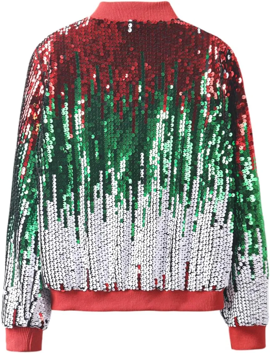 WELAKEN Girls' Ombre Sequin Bomber Jacket with Pockets Lightweight Sparkle Long Sleeve Zipper Gradient Jackets for Kid