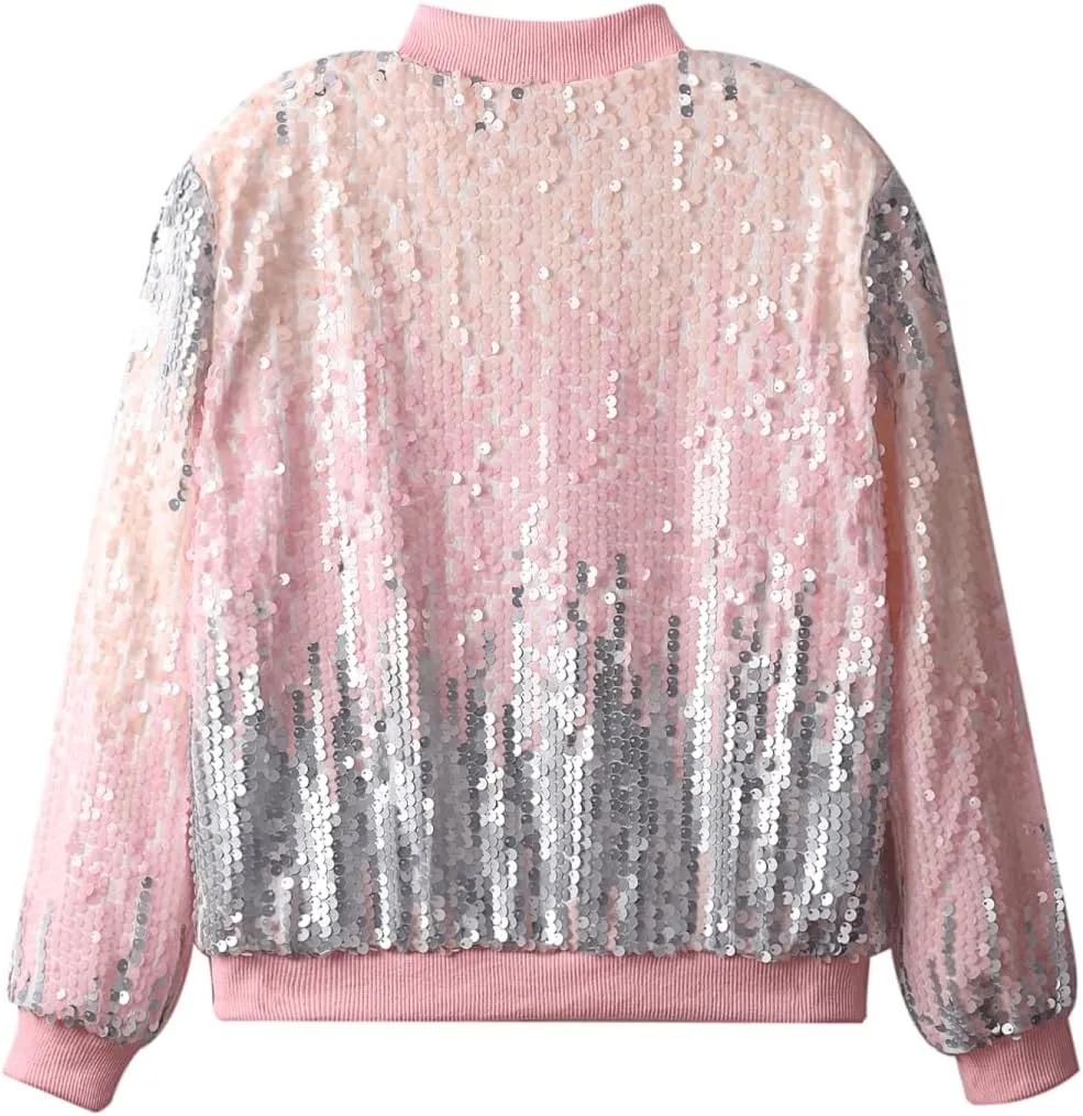 WELAKEN Girls' Ombre Sequin Bomber Jacket with Pockets Lightweight Sparkle Long Sleeve Zipper Gradient Jackets for Kid