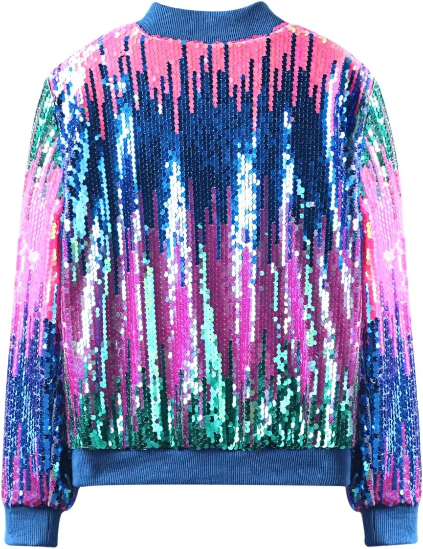 WELAKEN Girls' Ombre Sequin Bomber Jacket with Pockets Lightweight Sparkle Long Sleeve Zipper Gradient Jackets for Kid