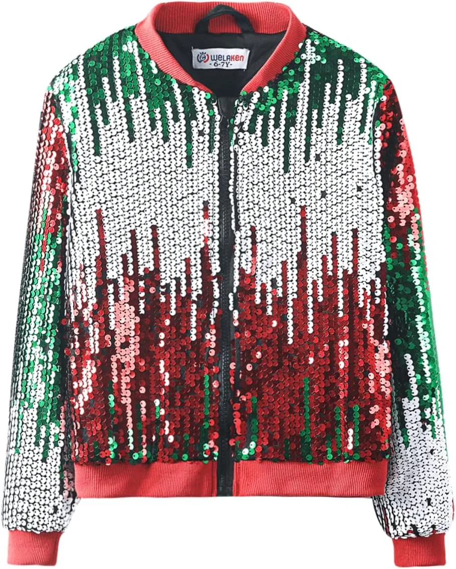 WELAKEN Girls' Ombre Sequin Bomber Jacket with Pockets Lightweight Sparkle Long Sleeve Zipper Gradient Jackets for Kid