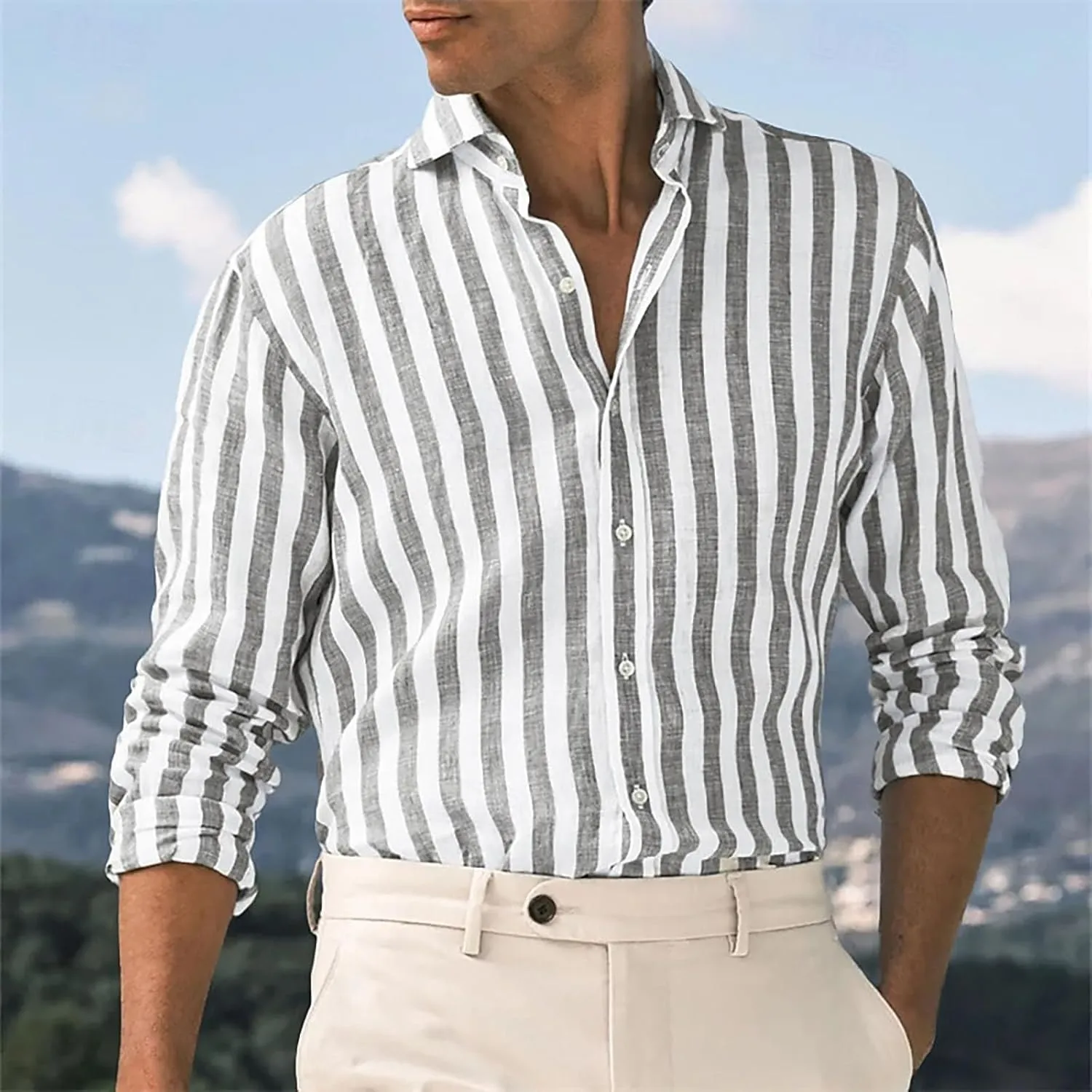 WENKOMG1 Cotton Linen Shirt for Men Striped Long Sleeve Lightweight Breathable Lapel Casual Button Down Holiday Shirt