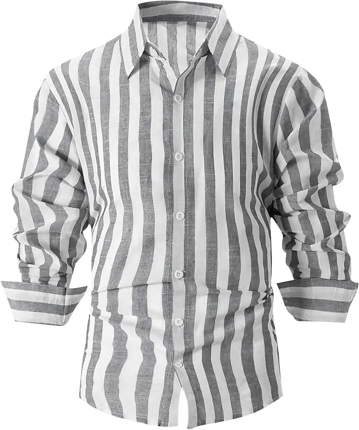 WENKOMG1 Cotton Linen Shirt for Men Striped Long Sleeve Lightweight Breathable Lapel Casual Button Down Holiday Shirt
