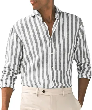 WENKOMG1 Cotton Linen Shirt for Men Striped Long Sleeve Lightweight Breathable Lapel Casual Button Down Holiday Shirt