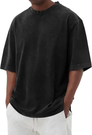 WENKOMG1 Cotton Shirt for Men Loose Fit Distressed Casual Half Sleeve T-Shirt Summer Retro Style Crewneck Pullover