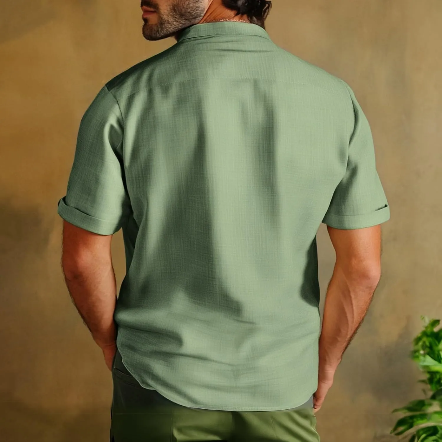 WENKOMG1 Linen Shirt for Men Short Sleeve Deep V Neck Lightweight Breathable Henley Shirt Button Down Casual Streetwear