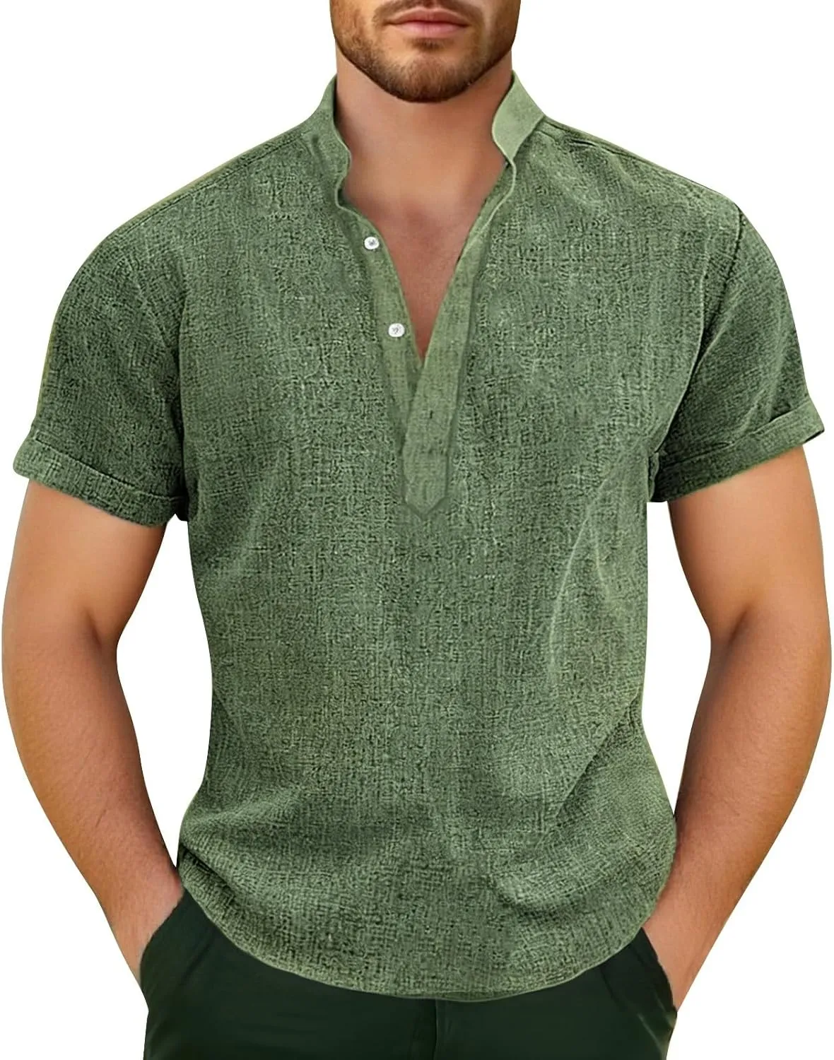 WENKOMG1 Linen Shirt for Men Short Sleeve Deep V Neck Lightweight Breathable Henley Shirt Button Down Casual Streetwear