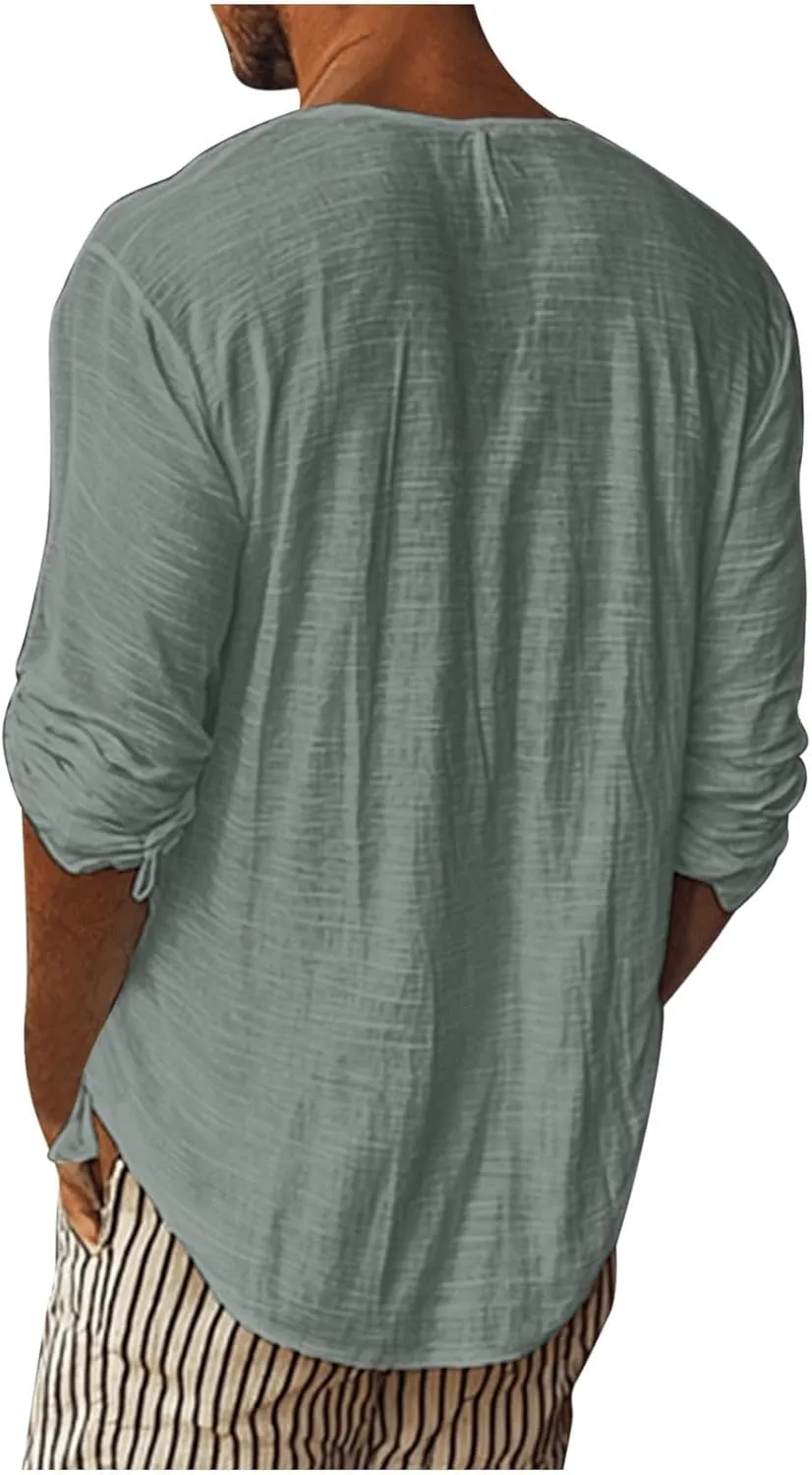 WENKOMG1 Mens Cotton Linen Shirt Loose Fit Long Sleeve Deep V Neck Summer Pullovers Lightweight Breathable Shirt