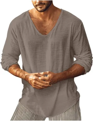 WENKOMG1 Mens Cotton Linen Shirt Loose Fit Long Sleeve Deep V Neck Summer Pullovers Lightweight Breathable Shirt
