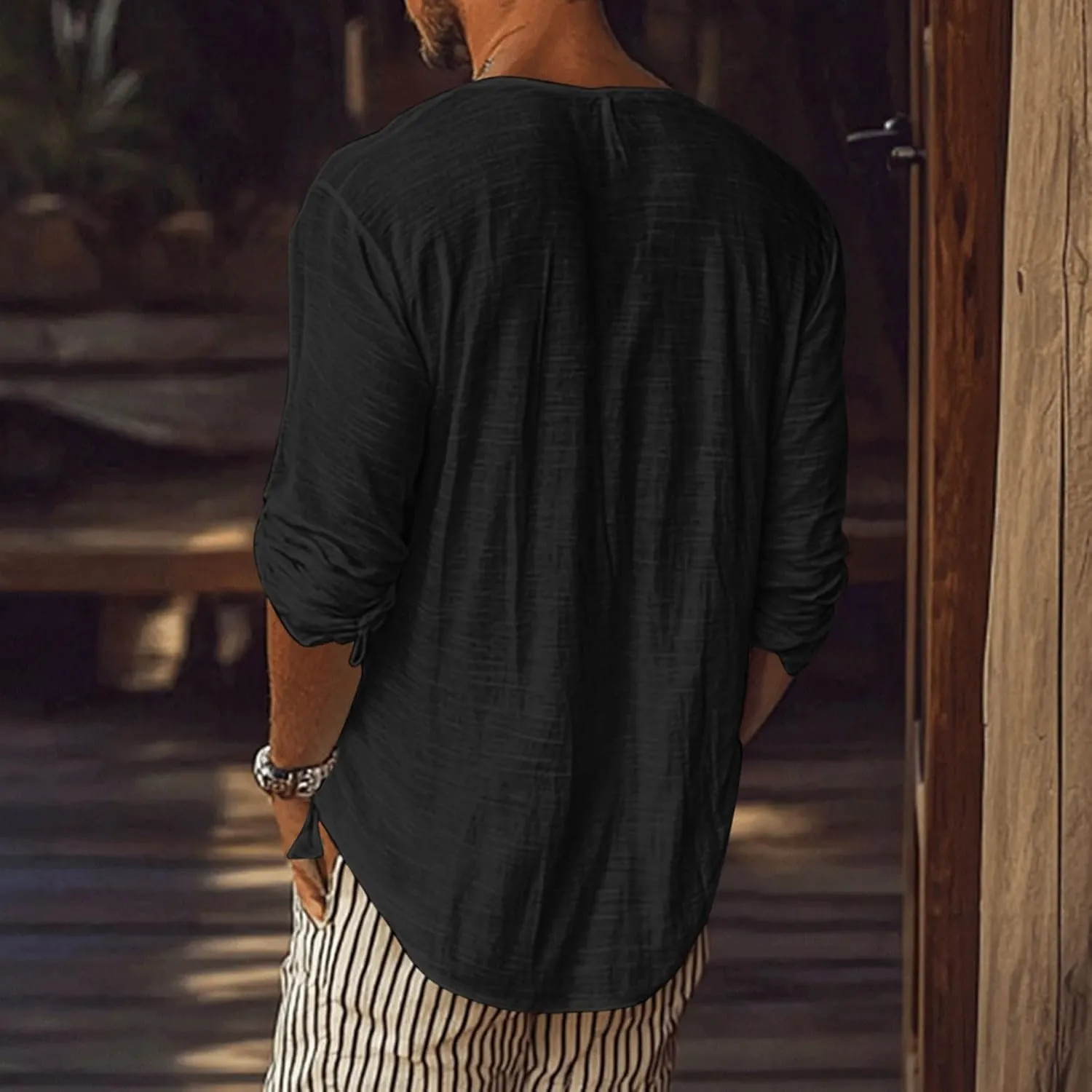 WENKOMG1 Mens Cotton Linen Shirt Loose Fit Long Sleeve Deep V Neck Summer Pullovers Lightweight Breathable Shirt