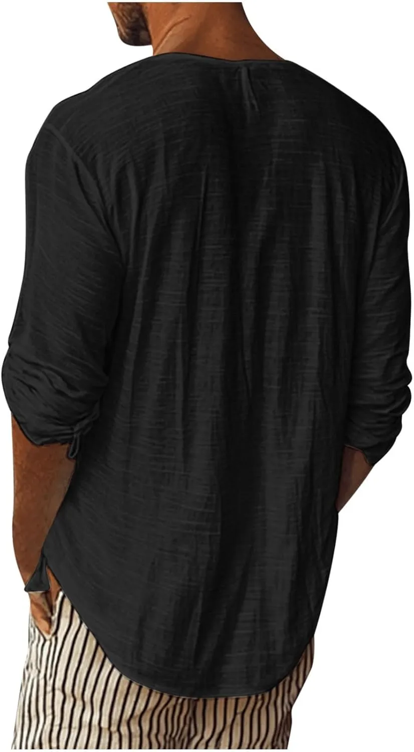 WENKOMG1 Mens Cotton Linen Shirt Loose Fit Long Sleeve Deep V Neck Summer Pullovers Lightweight Breathable Shirt