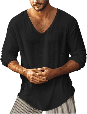 WENKOMG1 Mens Cotton Linen Shirt Loose Fit Long Sleeve Deep V Neck Summer Pullovers Lightweight Breathable Shirt