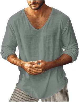 WENKOMG1 Mens Cotton Linen Shirt Loose Fit Long Sleeve Deep V Neck Summer Pullovers Lightweight Breathable Shirt