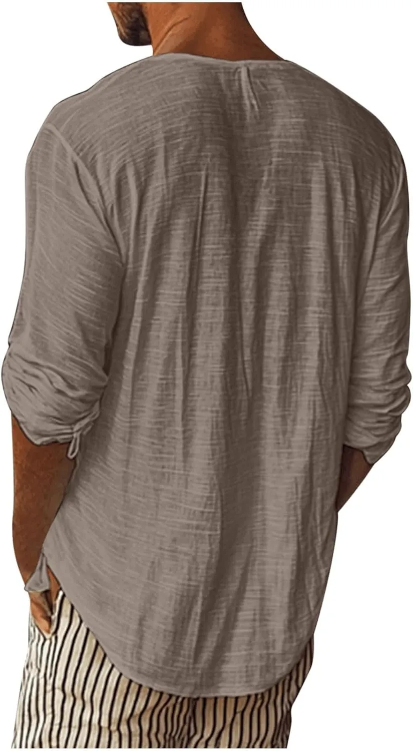 WENKOMG1 Mens Cotton Linen Shirt Loose Fit Long Sleeve Deep V Neck Summer Pullovers Lightweight Breathable Shirt