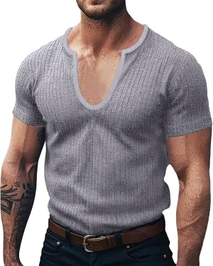 WENKOMG1 Mens Deep V Neck Shirt Ribbed Casual Short Sleeve Stretchy Shirt Invisible T-Shirt Low Cut Muscle Tees