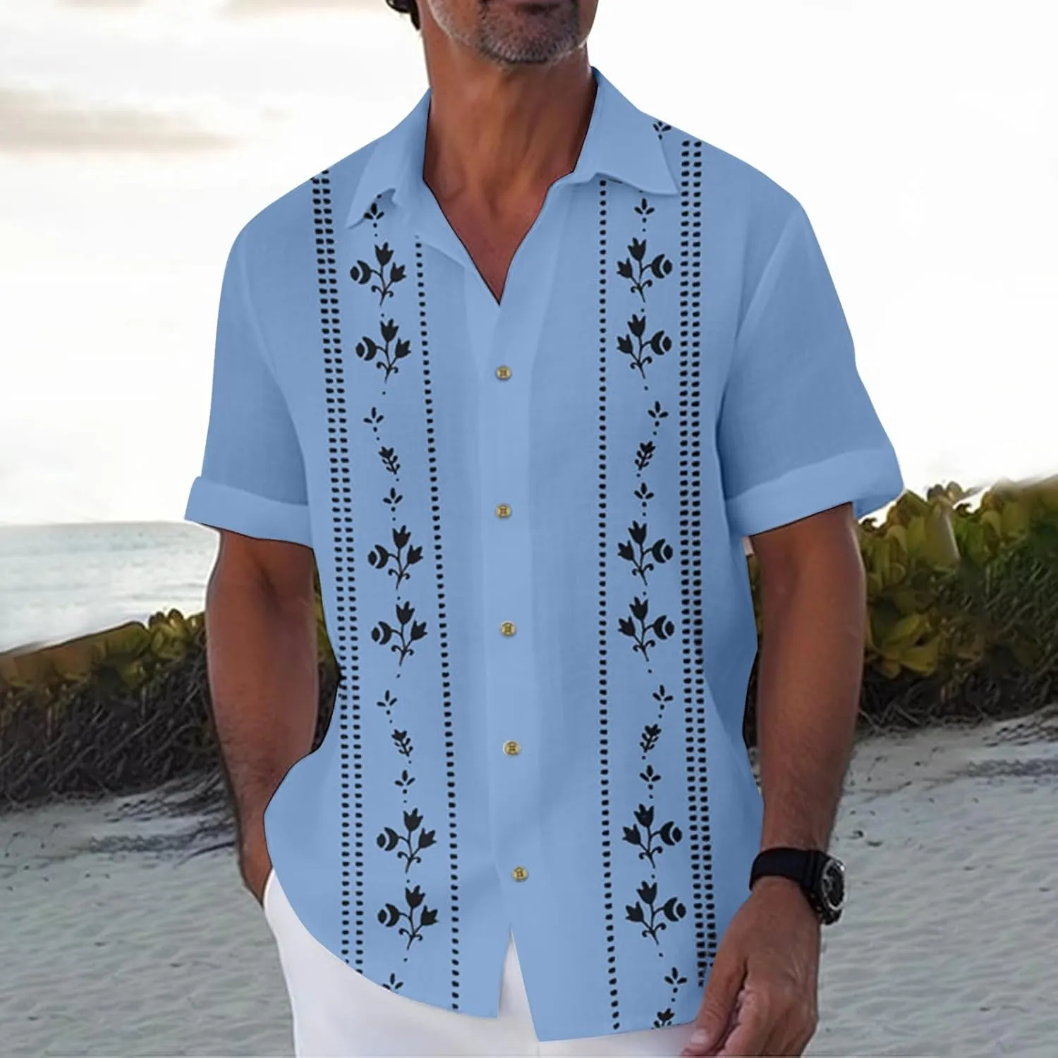 WENKOMG1 Mens Guayabera Shirt Casual Short Sleeve Cuban Shirt Button Down Summer Graphic Hawaiian Beach Tshirt Shirt