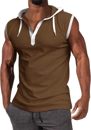 WENKOMG1 Mens Henley Tank Tops Solid Sleeveless Workout Hoodie Shirt Summer V Neck Button Down Active Hooded Gym Tees