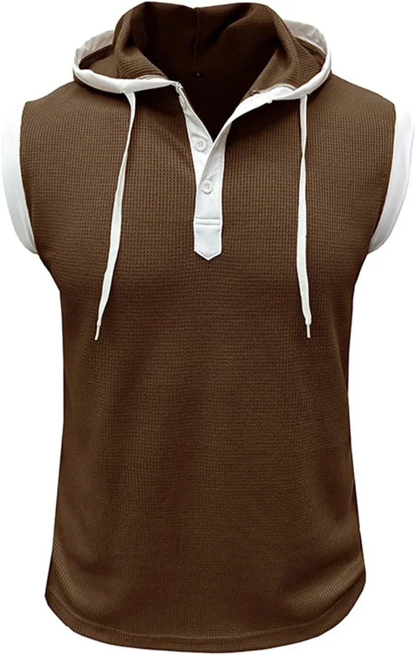 WENKOMG1 Mens Henley Tank Tops Solid Sleeveless Workout Hoodie Shirt Summer V Neck Button Down Active Hooded Gym Tees