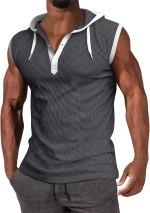 WENKOMG1 Mens Henley Tank Tops Solid Sleeveless Workout Hoodie Shirt Summer V Neck Button Down Active Hooded Gym Tees