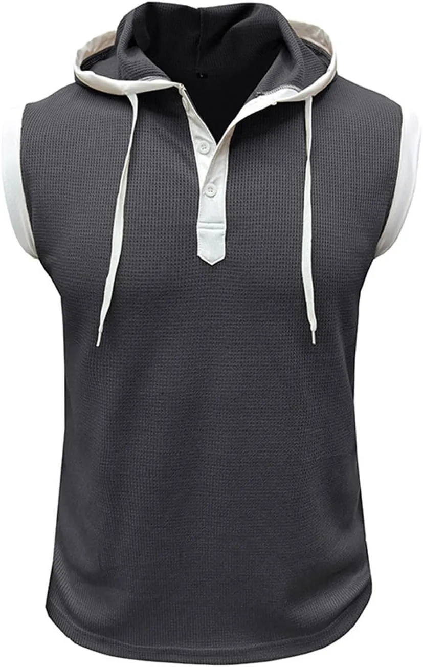 WENKOMG1 Mens Henley Tank Tops Solid Sleeveless Workout Hoodie Shirt Summer V Neck Button Down Active Hooded Gym Tees