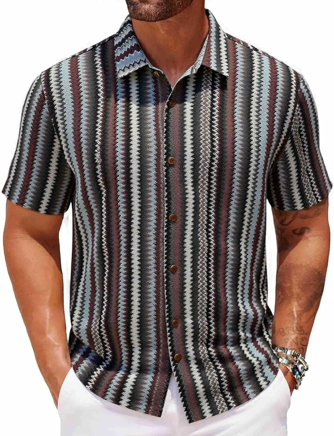 WENKOMG1 Mens Striped Shirt Retro Style Short Sleeve Button Down Shirt Lapel Knitted Summer Fashion Streetwear