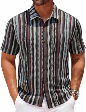 WENKOMG1 Mens Striped Shirt Retro Style Short Sleeve Button Down Shirt Lapel Knitted Summer Fashion Streetwear