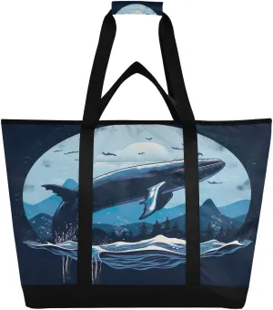 Whale Tote Bag for Women with Zipper Reusable Grocery Bags Foldable Insulated Cooler Bag Handbags Totes Shopping Bags for Groceries Picnic Travel Work Beach