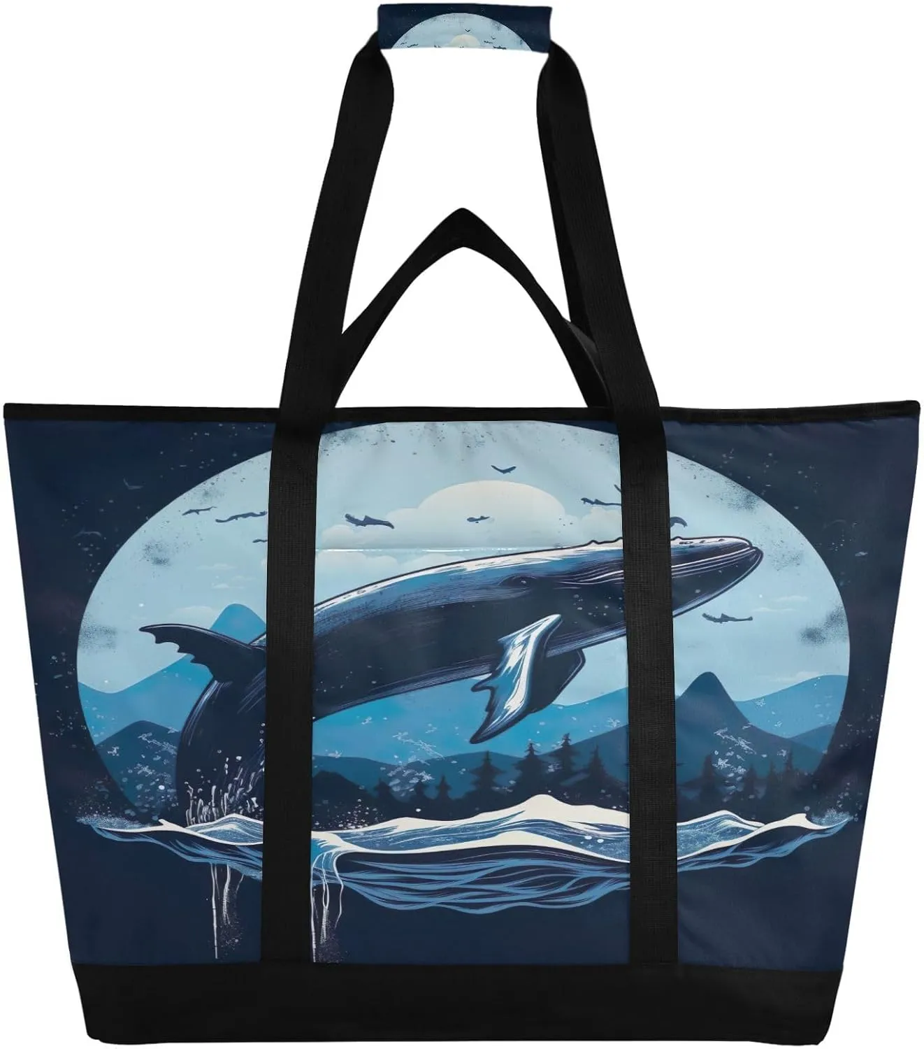 Whale Tote Bag for Women with Zipper Reusable Grocery Bags Foldable Insulated Cooler Bag Handbags Totes Shopping Bags for Groceries Picnic Travel Work Beach