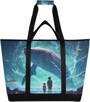 Whales Tote Bag for Women with Zipper Reusable Grocery Bags Foldable Insulated Cooler Bag Handbags Shopping Bags Totes for Groceries Travel Beach Work Picnic