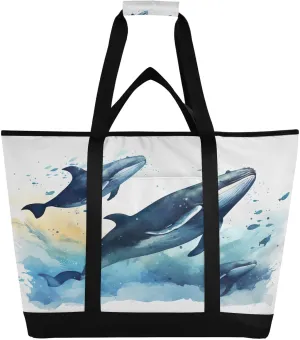 Whales Tote Bag for Women with Zipper Reusable Grocery Bags Foldable Insulated Cooler Bag Handbags Shopping Bags Totes for Groceries Travel Picnic Beach Work