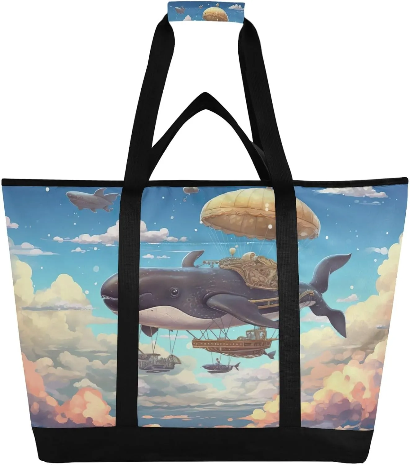 Whales Tote Bag for Women with Zipper Reusable Grocery Bags Foldable Insulated Cooler Bag Handbags Totes Shopping Bags for Groceries Picnic Travel Work Beach