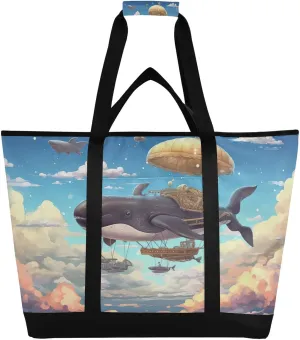 Whales Tote Bag for Women with Zipper Reusable Grocery Bags Foldable Insulated Cooler Bag Handbags Totes Shopping Bags for Groceries Picnic Travel Work Beach