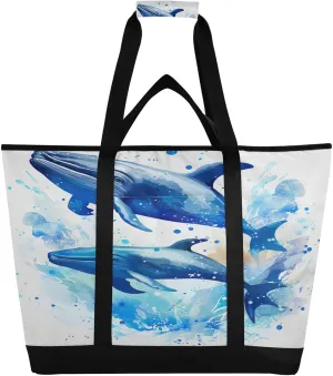 Whales Tote Bag for Women with Zipper Reusable Grocery Bags Foldable Insulated Cooler Bag Handbags Totes Shopping Bags for Groceries Travel Picnic Beach Work