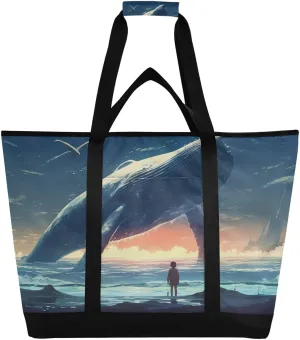 Whales Tote Bag for Women with Zipper Reusable Grocery Bags Foldable Insulated Cooler Bag Shopping Bags Handbags Totes for Groceries Picnic Beach Travel Work
