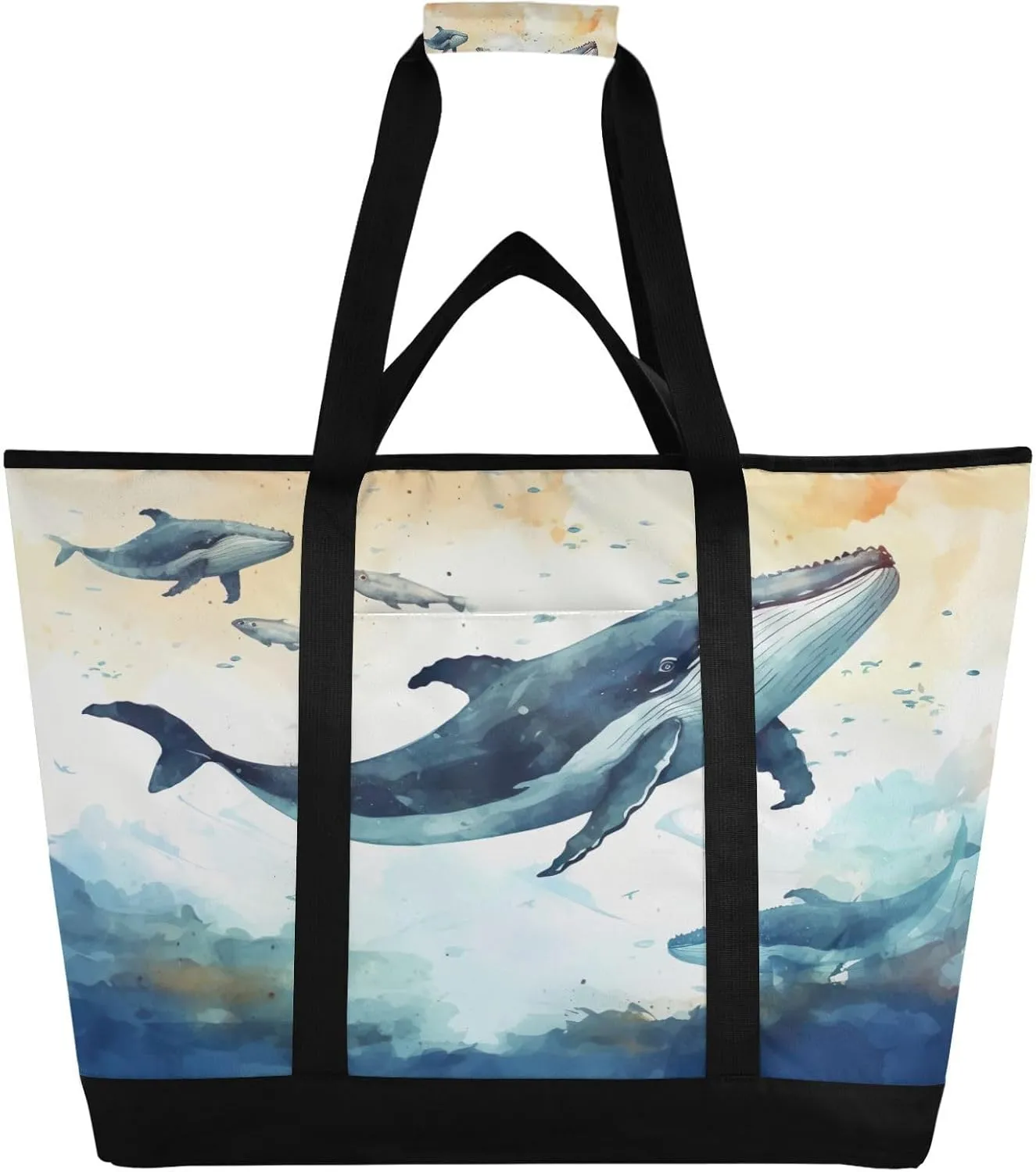 Whales Tote Bag for Women with Zipper Reusable Grocery Bags Foldable Insulated Cooler Bag Shopping Bags Handbags Totes for Groceries Picnic Travel Work Beach