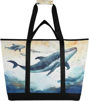 Whales Tote Bag for Women with Zipper Reusable Grocery Bags Foldable Insulated Cooler Bag Shopping Bags Handbags Totes for Groceries Picnic Travel Work Beach