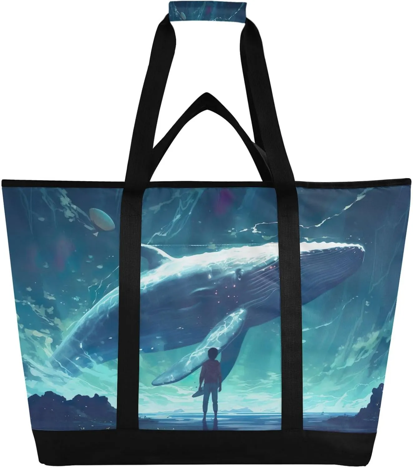 Whales Tote Bag for Women with Zipper Reusable Grocery Bags Foldable Insulated Cooler Bag Shopping Bags Totes Handbags for Groceries Travel Beach Picnic Work