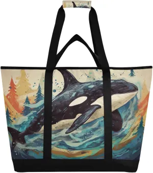 Whales Tote Bag for Women with Zipper Reusable Grocery Bags Foldable Insulated Cooler Bag Totes Handbags Shopping Bags for Groceries Travel Beach Work Picnic