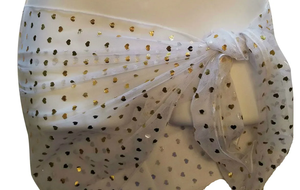 White Embellished Gold Hearts Sheer Sarong