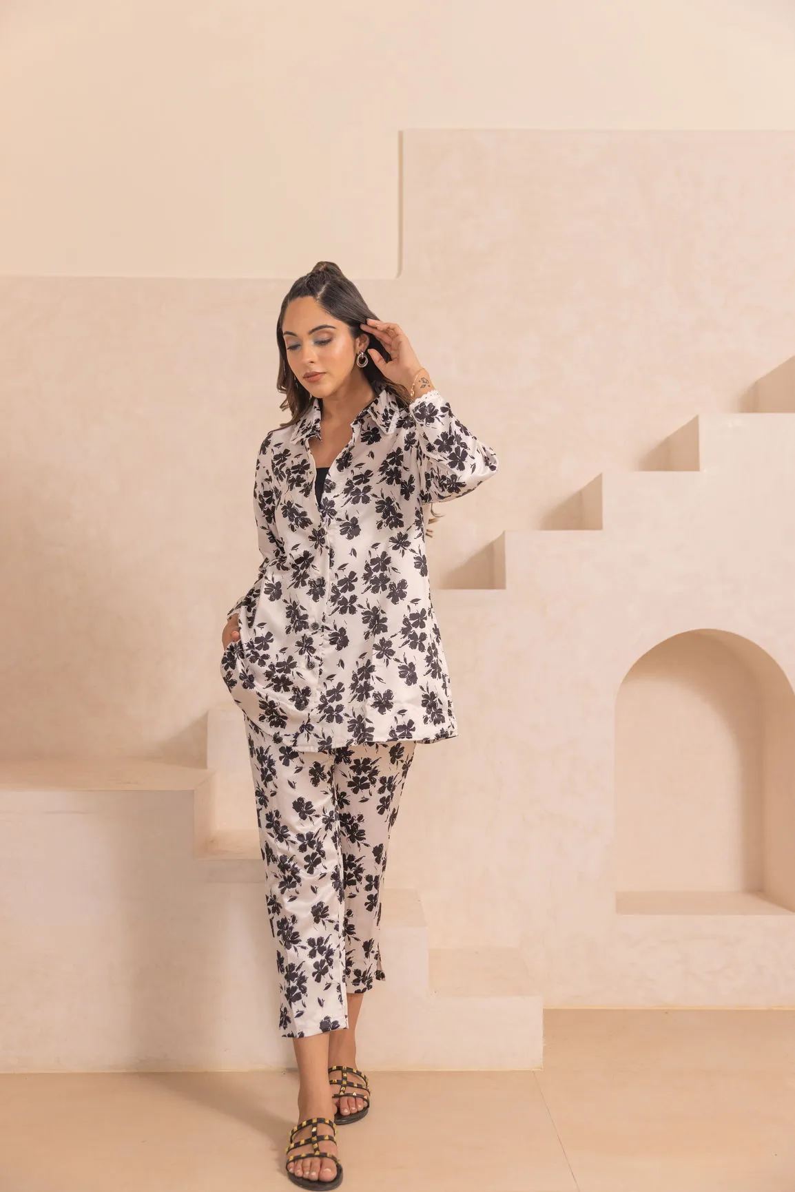 WHITE FLORAL SATIN CO-ORD
