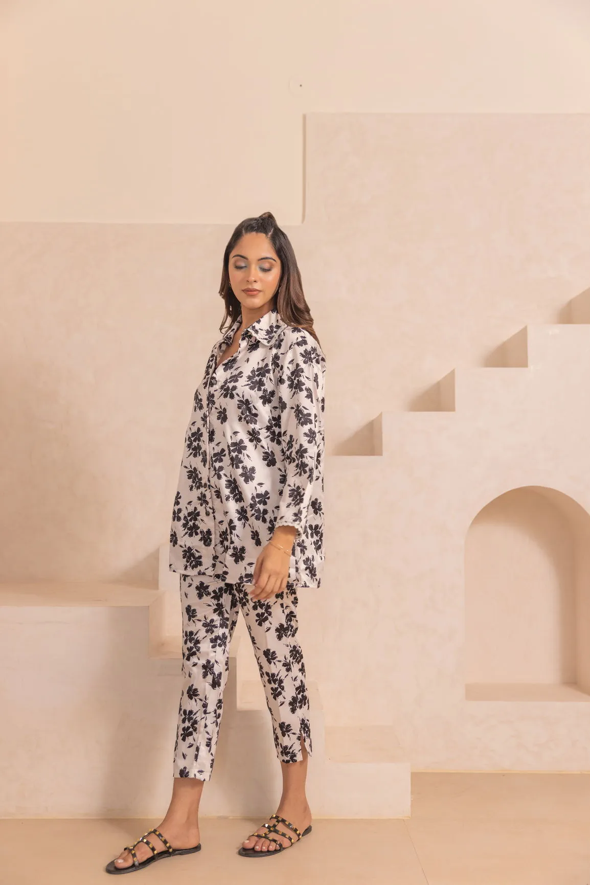 WHITE FLORAL SATIN CO-ORD