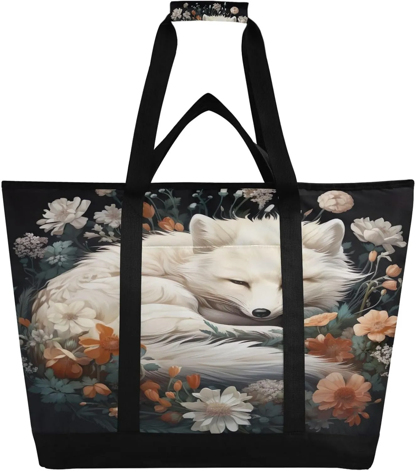 White Fox Tote Bag for Women with Zipper Reusable Grocery Bags Foldable Insulated Cooler Bag Shopping Bags Totes Handbags for Groceries Travel Beach Work Picnic