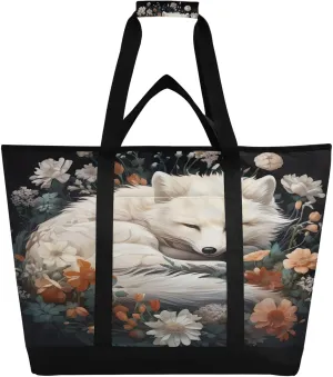 White Fox Tote Bag for Women with Zipper Reusable Grocery Bags Foldable Insulated Cooler Bag Shopping Bags Totes Handbags for Groceries Travel Beach Work Picnic