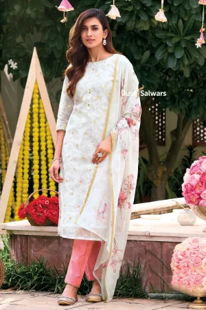 White Kota Cotton Floral Print Dress Material