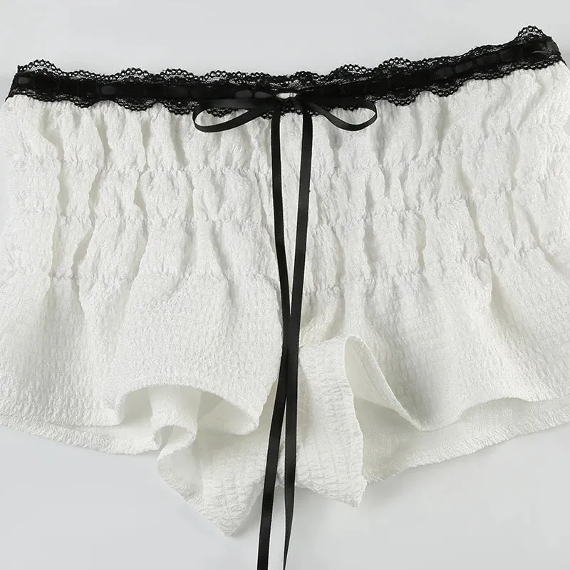White Lace Contrast Ruched Graceful Crop Top And Shorts Set