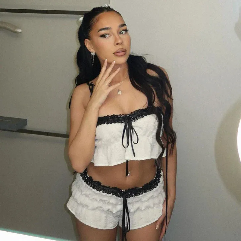 White Lace Contrast Ruched Graceful Crop Top And Shorts Set