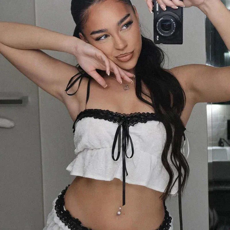 White Lace Contrast Ruched Graceful Crop Top And Shorts Set